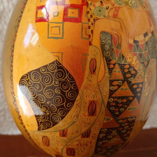 Wooden Egg Hand-Painted with Gustav Klimt Portraits Like New