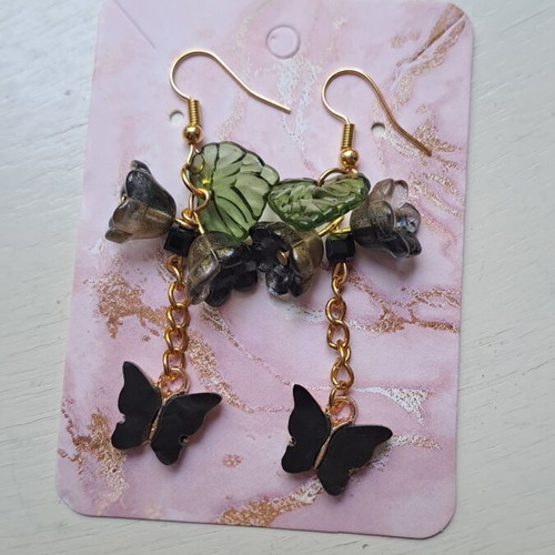 Butterfly Earrings new, black and gold tone, handmade