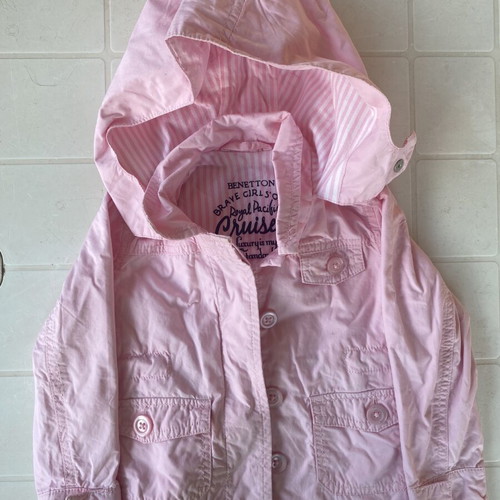 Benetton baby jacket pink with hood and striped lining, size 74 cm