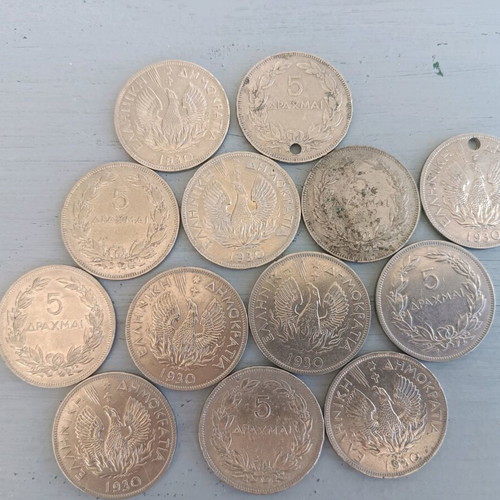 5 Drachma coins with Phoenix used, pack of 13 pieces 1930