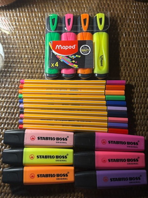 Highlighters and colored pens used in case