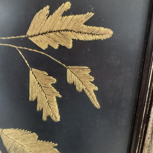 Handmade vintage embroidered textile painting with gold thread and sequins