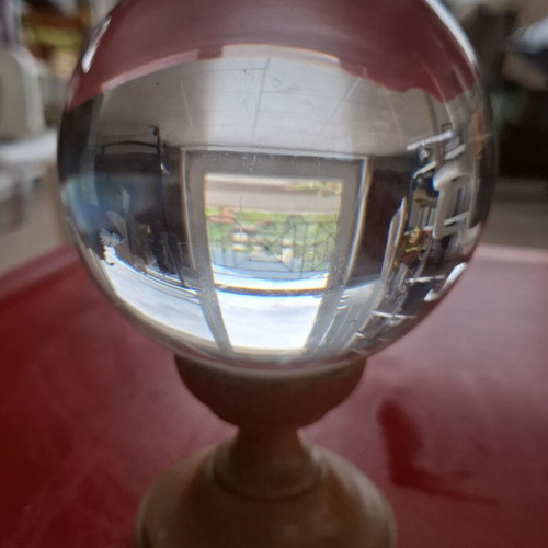 Crystal sphere with wooden base like new, 11cm diameter