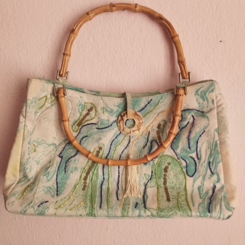 Vintage Terry & Toni Art to Wear handbag with bamboo handle and handmade motif new