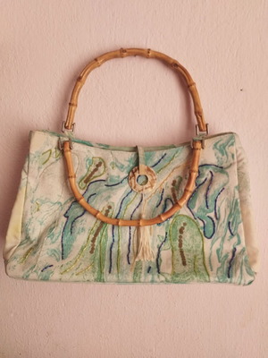 Vintage Terry & Toni Art to Wear handbag with bamboo handle and handmade motif new