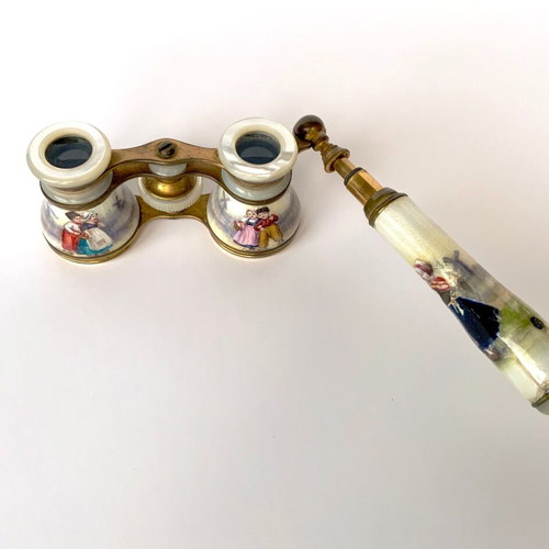 Porcelain brass mother of pearl opera glasses used antique French c.1850-1900
