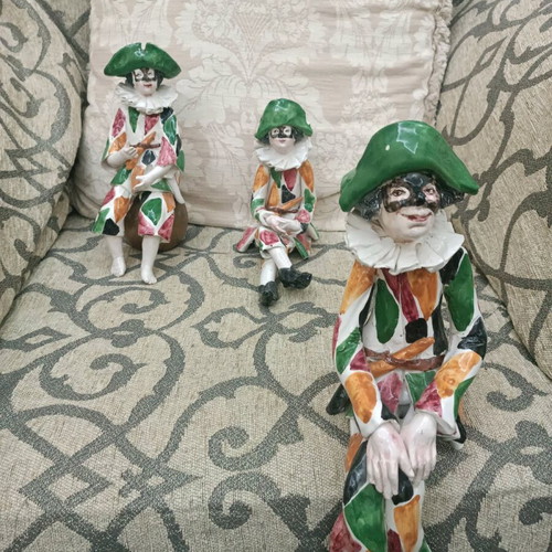 Vintage Italian Harlequin Figures set of 3, handmade porcelain