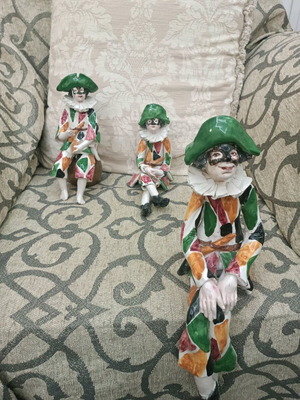 Vintage Italian Harlequin Figures set of 3, handmade porcelain
