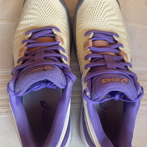 Asics Gel-Game 8 women's tennis shoes, size 39.5, white with purple and salmon