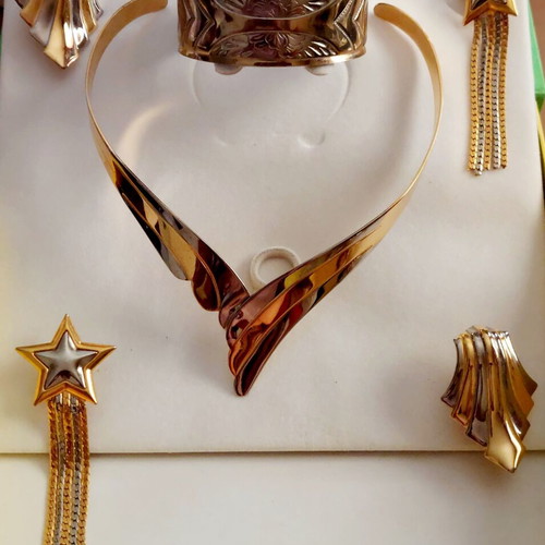 Vintage Statement Jewelry Set 90s bicolor metal with gift cuff bracelet like new