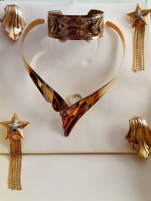 Vintage Statement Jewelry Set 90s bicolor metal with gift cuff bracelet like new