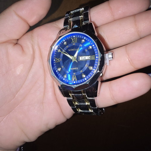 Ourstart men's watch new, stainless steel, silver and gold with blue dial