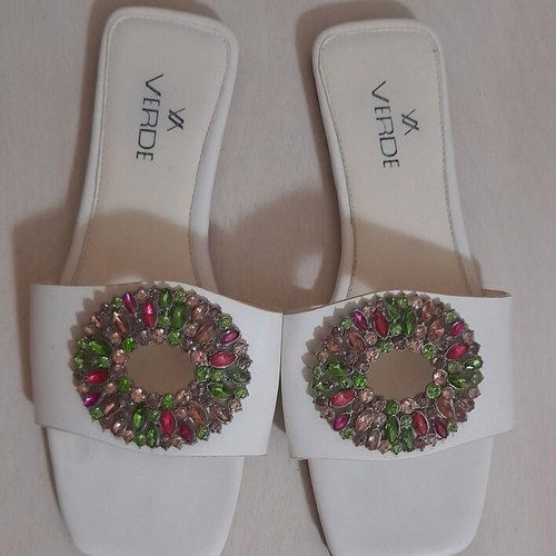 Verde leather flat slippers used, white with colorful rhinestones, size 36