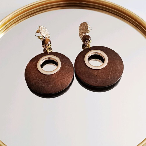Boho wooden large earrings with tiger eye