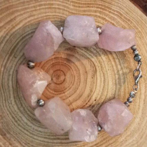 Silver bracelet 925 with raw rose quartz like new, length 18cm