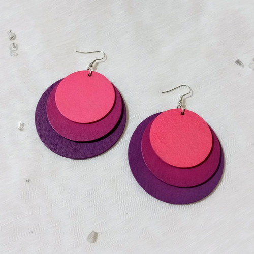 Wooden earrings large triple, new, magenta shades