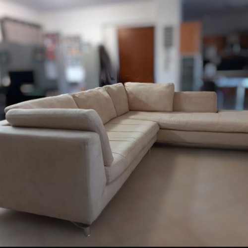 Corner sofa used, beige stain-resistant suede