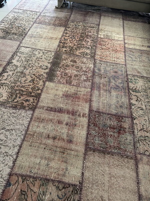 Handmade wool patchwork rug like new, beige brown purple, 2.10x3.00 m