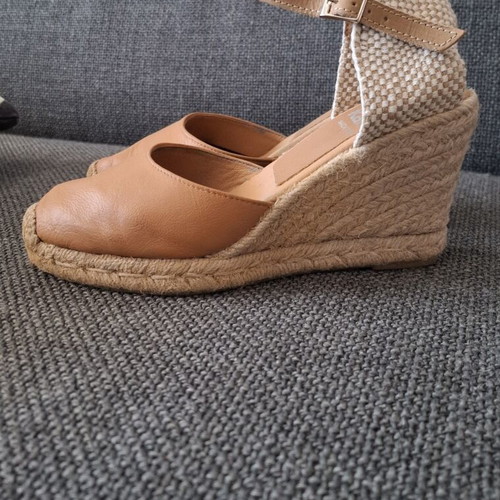 Kanna leather espadrilles with adjustable strap, new, beige and brown