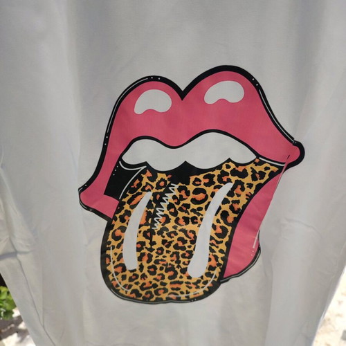 Short-sleeve t-shirt with Rolling Stones tongue print leopard, new, one size