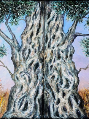 Ivi Achniotou Oil Painting Eternal Olive Tree at Sunset