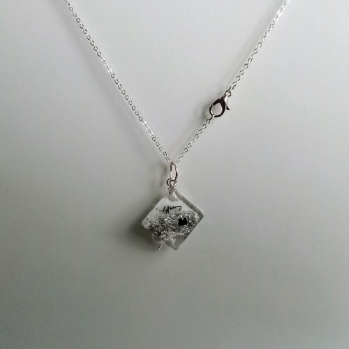 Handmade necklace "M" new, white and silver with rhombus and Shinny inscription