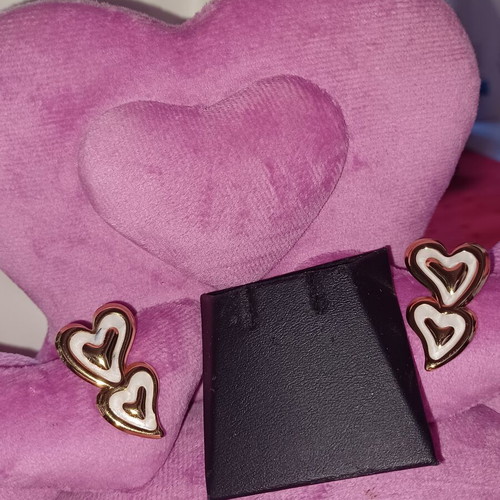 Double Heart Earrings like new, gold and white