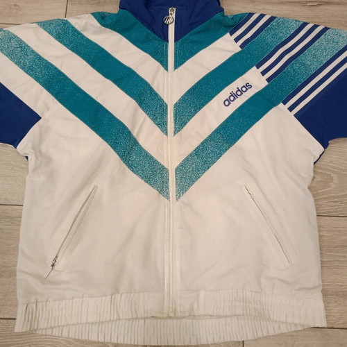Adidas vintage track jacket used, white, blue and teal, 90s