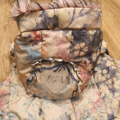 Daite Womens Hooded Puffer Vest faux fur trim, floral skull print, size UK 12 EU 38, like new