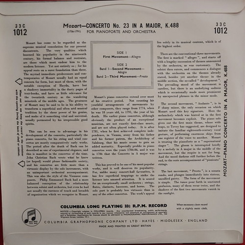 Gieseking Mozart Concerto No. 23 in A Major K.488 10" LP