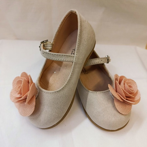 Gorgino children's ballerina shoes, suede iridescent ecru with large flower
