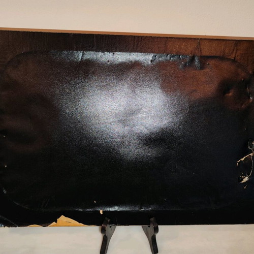 Wooden tray with handmade vintage embroidery used, glass top and two handles