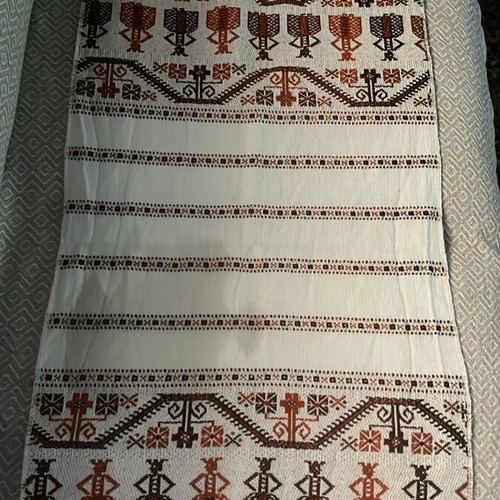 Vintage Greek folk art embroidery tablecloth with handmade lace