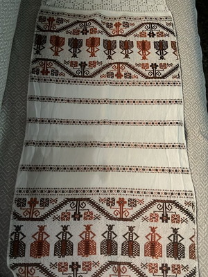 Vintage Greek folk art embroidery tablecloth with handmade lace