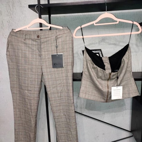 Enzzo Strapless Top and Pants Set new with tags, size L, plaid gray