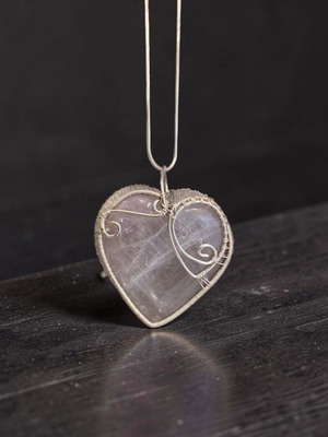 Handmade Silver Pendant with Natural Polished Anhydrite Heart Shape Double Sided
