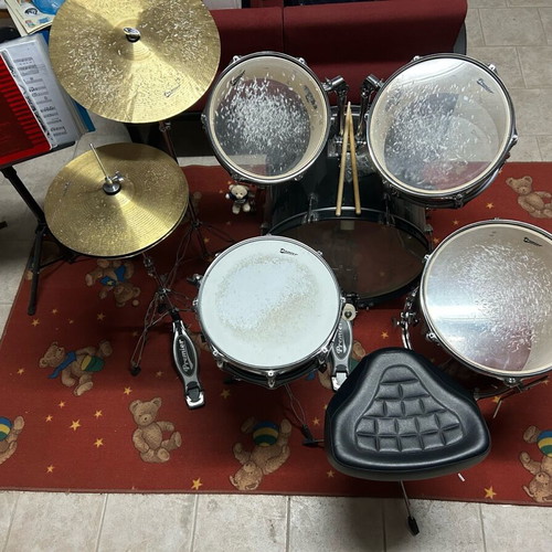 Premier Olympic drum set used with stool, cymbal and music stand