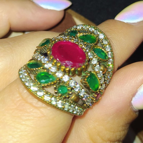 Ring decorated with rubies, emeralds and zirconia, size 7
