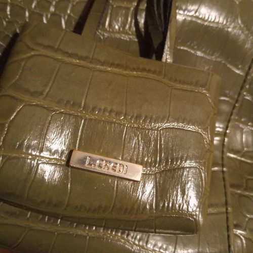 L. Credi olive vegan synthetic leather tote bag with charm and strap