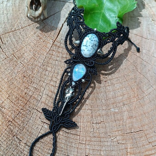 Macrame slave bracelet with dendritic agate and rainbow moonstone, new