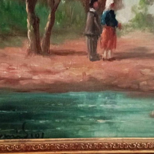 A. Lefkadios oil painting on canvas with unique frame in excellent condition