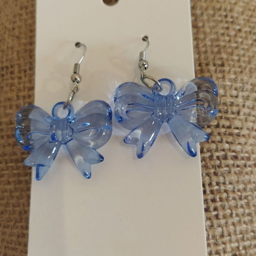 Bow earrings new, blue hanging plastic