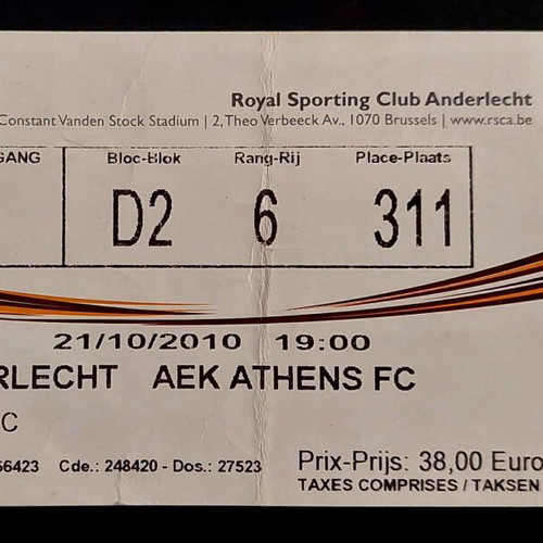 AEK Ticket Anderlecht-AEK 21.10.2010 Europa League used
