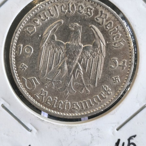 5 Reichsmark 1934 D German coin used, 900‰ silver