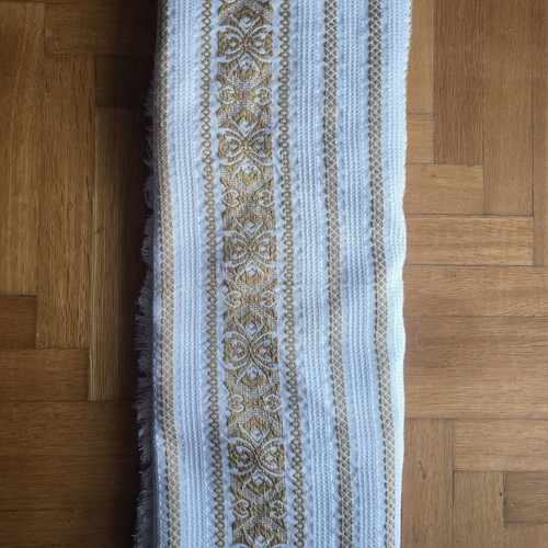 Vintage woven quilt used, shades of beige and gold