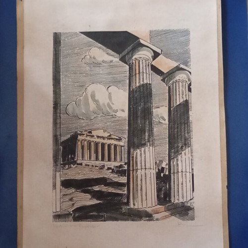 Artwork by Byron Maggos, Parthenon theme, pen and watercolor