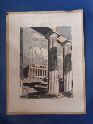 Artwork by Byron Maggos, Parthenon theme, pen and watercolor