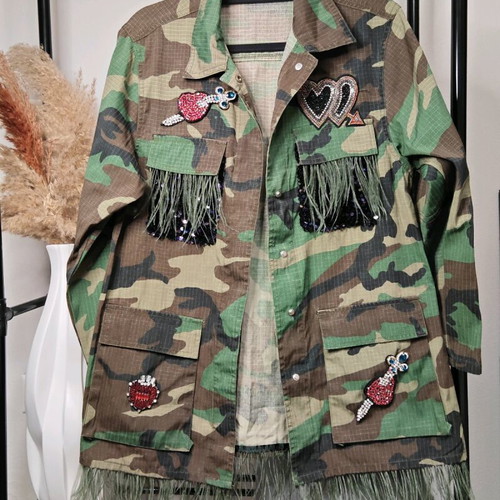 Anemi Military Jacket with Embroidered Patches and Fringes like new