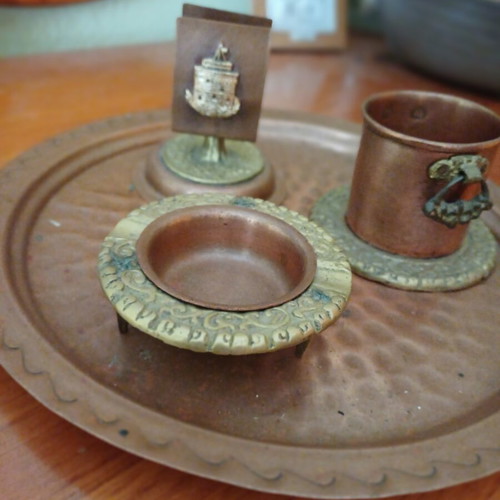 Vintage copper and brass set with tray and holder like new