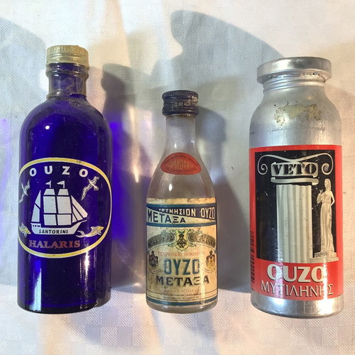 Ouzo used, set of 11 different miniatures from all over Greece